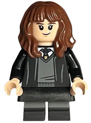 Hermione Granger - Hogwarts Robe, Black Tie, Skirt, and Short Legs with Dark Bluish Gray Stripes, LEGO onderdeelnummer hp378