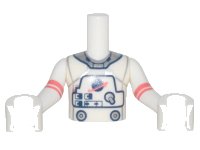 Torso Mini Doll Boy Spacesuit with Silver Collar, Buttons, and Classic Space Logo Pattern, White Arms with Hands with Coral Stripes, LEGO onderdeelnummer FTBpb070c01