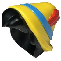 Minifigure, Hair Combo, Hair with Hat, Short Hair with Quiff with Molded Yellow Hat and Dark Azure Band and Printed Red Feather Pattern, LEGO onderdeelnummer 102286pb01