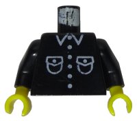 Torso Shirt with White Pockets, Buttons, and Collar Pattern / Black Arms / Yellow Hands, LEGO onderdeelnummer 973p26c02