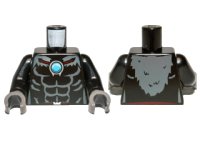 Torso Bare Chest with Muscles, Dark Bluish Gray Fur and Dark Azure Round Jewel (Chi) Pattern / Black Arms / Dark Bluish Gray Hands, LEGO onderdeelnummer 973pb1374c01