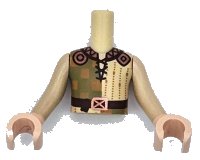 Torso Mini Doll Boy Tan and Olive Green Tunic with Medium Nougat Squares, Dark Brown Belt with Copper Buckle, Ornate Collar Pattern, Light Nougat Arms and Hands with Tan Long Sleeves, LEGO onderdeelnummer FTBpb105c01