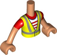 Torso Mini Doll Boy Neon Yellow Safety Vest with Recycling Logo over Red and White Striped Shirt Pattern, Light Nougat Arms with Hands with Red Short Sleeves, LEGO onderdeelnummer FTBpb075c01