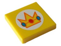 LEGO onderdeel Tile 2 x 2 with Crown with Red and Dark Turquoise Jewels and Orange Edges in White Circle Pattern 3068pb2061