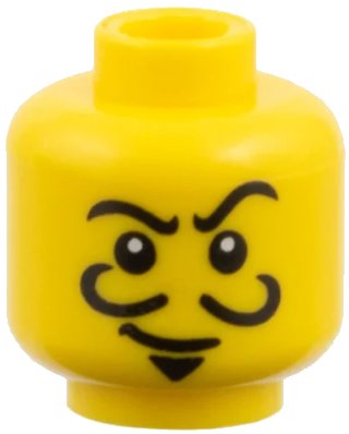 Minifigure, Head Thin Crooked Eyebrows, Curly Moustache, Goatee, and White Pupils Pattern, Geel (Yellow), LEGO onderdeelnummer 3626pb0432
