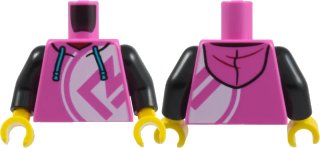 Torso Hoodie with Medium Azure Drawstrings, and White Circle with Dark Pink Symbol Pattern / Black Arms / Yellow Hands, Donkerroze (Dark Pink), LEGO onderdeelnummer 973pb5279c01