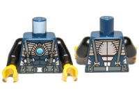 Torso Bare Chest with Muscles, Suspenders, Belt and Silver Armor with Blue Round Jewel (Chi) Pattern / Black Arms / Yellow Hands, LEGO onderdeelnummer 973pb1370c01