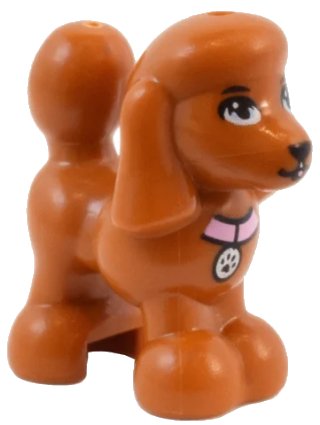 Dog, Friends, Poodle with Bright Light Blue Eyes, Black Nose and Mouth, and Bright Pink Collar with Silver Tag Pattern (Harley), Donkeroranje (Dark Orange), LEGO onderdeelnummer 11575pb06