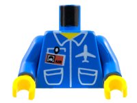 Torso Airplane Crew Male, Pockets, ID Badge, 'AIR' and Logo Pattern / Blue Arms / Yellow Hands, LEGO onderdeelnummer 973pb0097c01