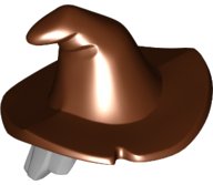 Minifiguur, Haar Combo, Haar met Hoed, Midden-Lengte Warrig met Gemodeleerde Roodachtig Bruin Slappe Heksenhoed Patroon, LEGO onderdeelnummer 20606pb04