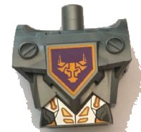 Torso, Gewijzigd Overmaats met Pantser met Pinkaten met Oranje en Gouden Circuitry #1 en Oranje Stierenkop op Donkerpaars Vijfhoekig Schild Patroon, LEGO onderdeelnummer 23763c01pb01